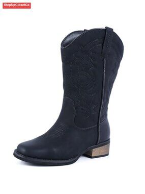 Western Cowboy Boots Square Toe Wide Calf Low Heel Distressed Faux Leather